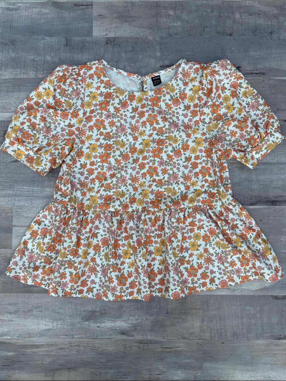 SHEIN Cream Floral Peplum Blouse with Orange & Yellow Blooms
